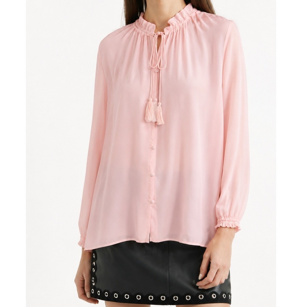 Maje Pink Ciana Chiffon Blouse Top Sheer Ruffle Tassel Button Up Size 1